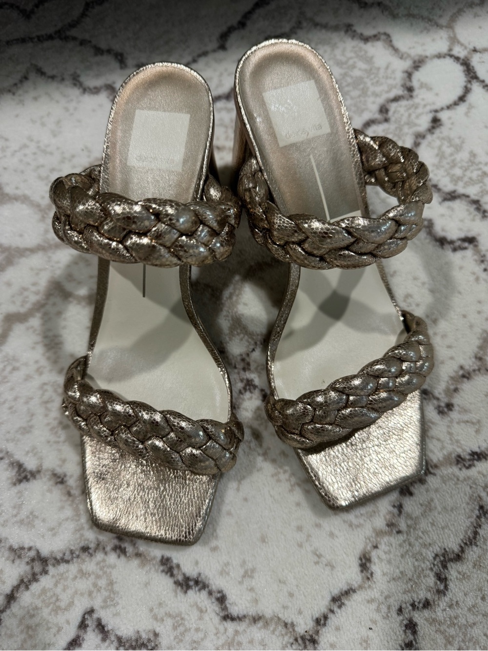 Braided Strap Square-Toe Heeled Sandals in Pink, Taupe, off White, Metallic. - Picture 3 of 10